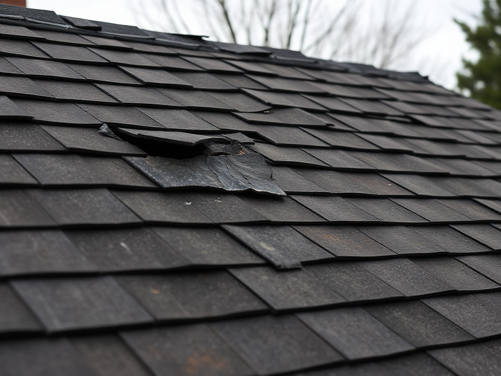 Damaged curling shingles before roof replacement