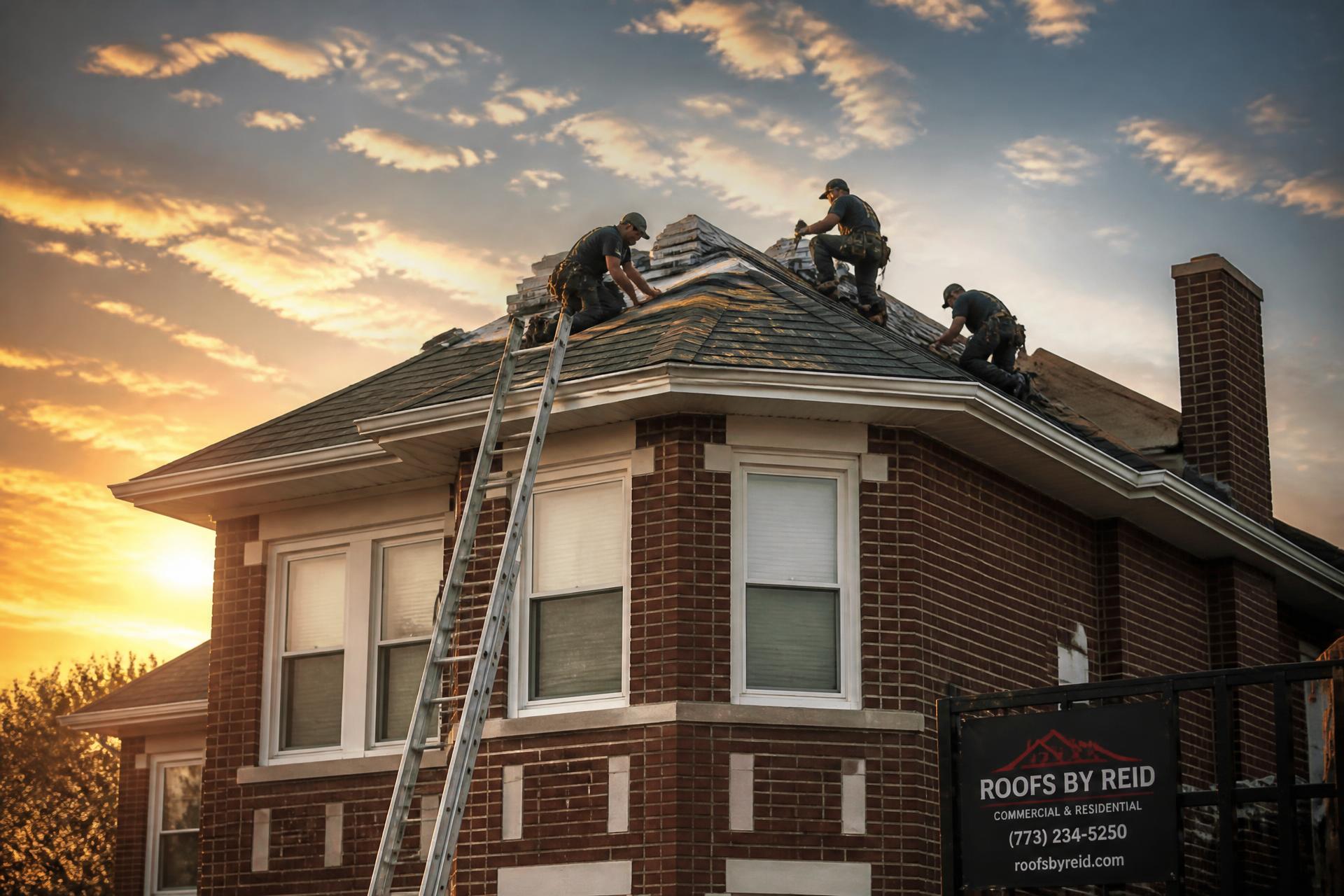 Roofing crew installing new shingles on a Chicago brick home at sunset