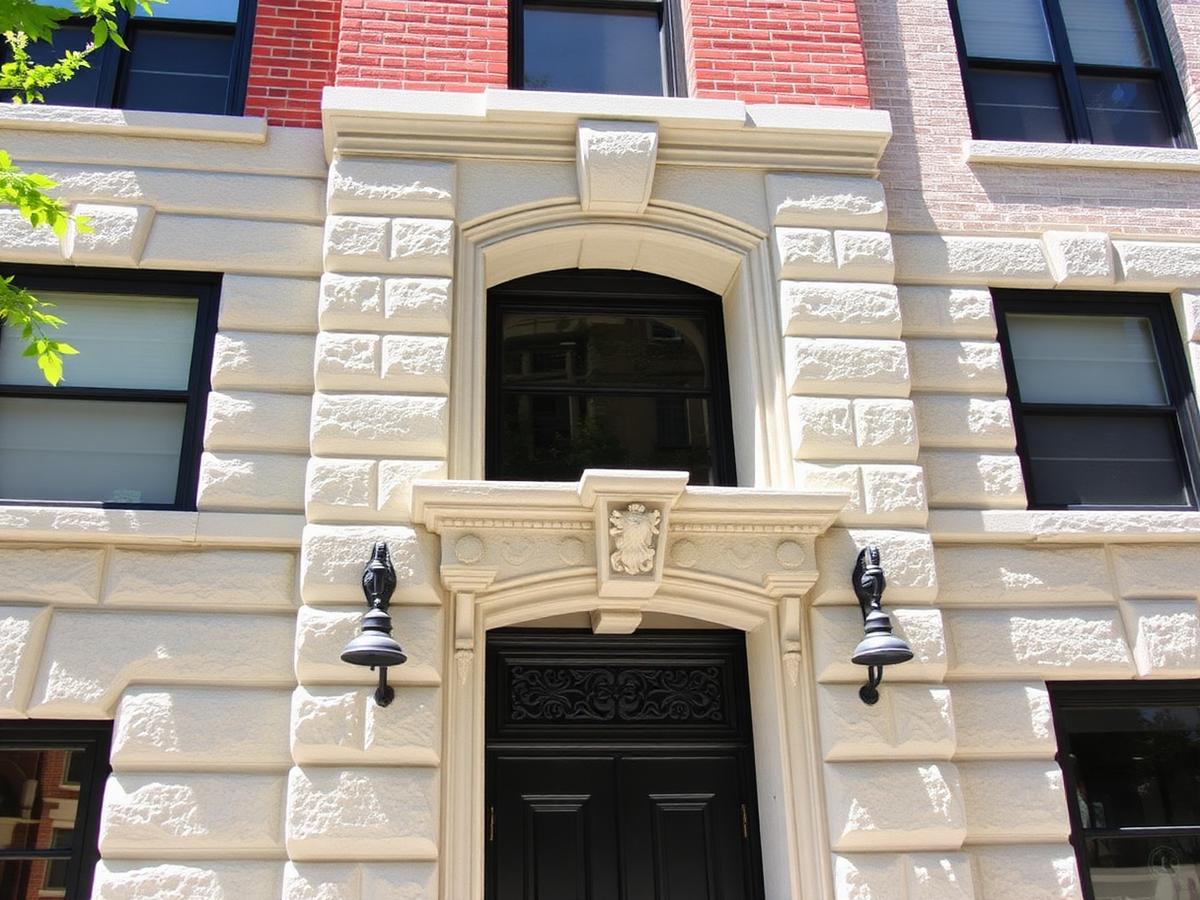 Restored greystone masonry facade in Chicago