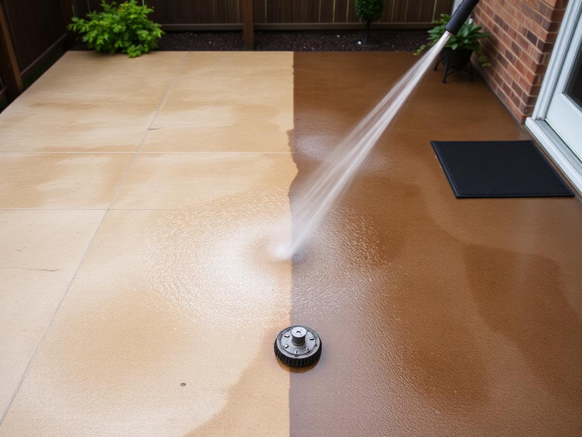 Power washing a concrete patio in Chicagoland